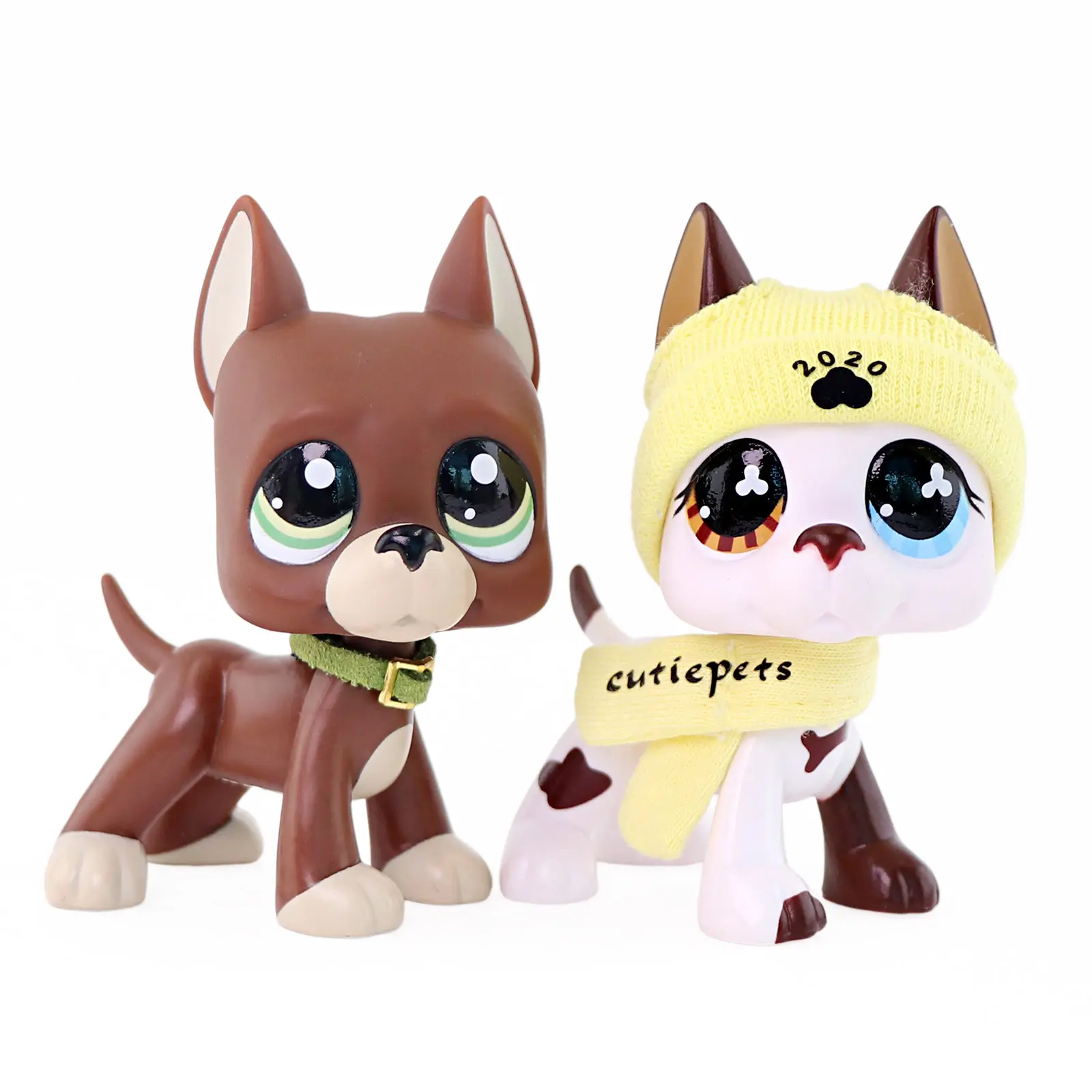 2 Pcs Mini Dog Action Figures, Brown Great Dane & Spot Puppy Animal Figurines, Collectible Pet Toys with Knit Hat Scarf Collar Accessories, Kids Play Toy Gift for Boys Girls