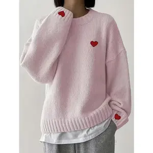 Heart Pattern Drop Shoulder Crew Neck Long Sleeve Pullover Sweater |   Casual Style, Suitable for All Seasons