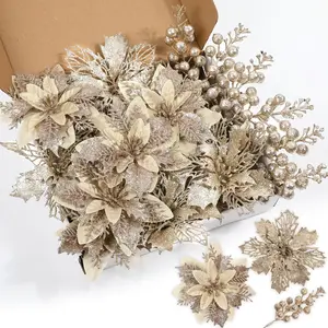 18-Piece Serra Flora Champagne Poinsettia & Glitter Berry Stems, Elegant Golden Artificial Flowers, Christmas Decor, Wedding Centerpieces, Artificial Flower Bouquet
