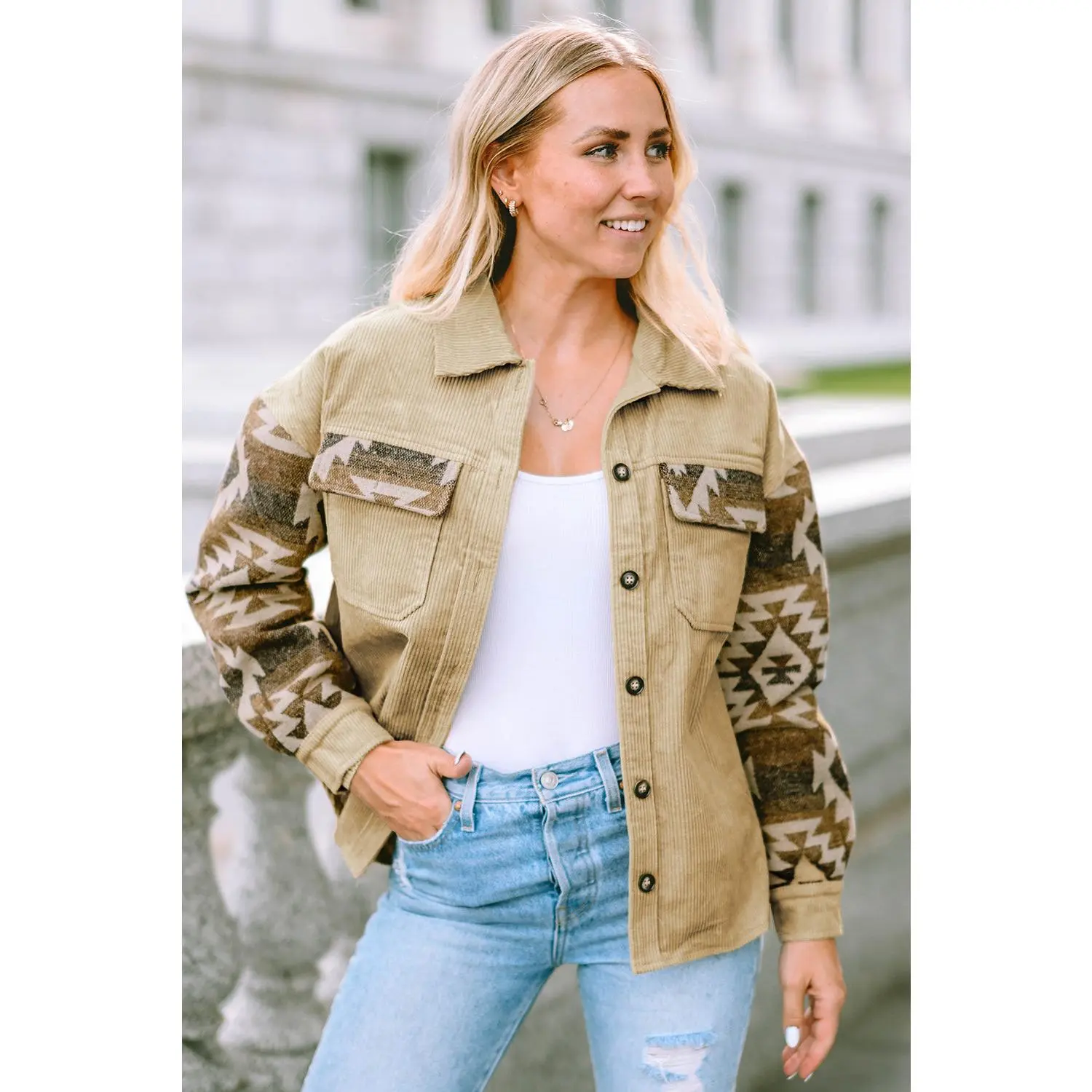 Khaki Aztec Print Patchwork Frayed Edge Corduroy Jacket