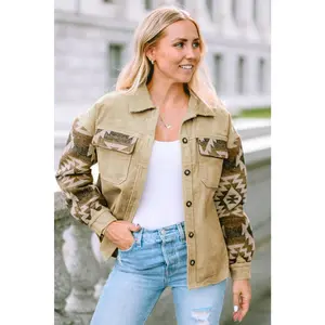 Khaki Aztec Print Patchwork Frayed Edge Corduroy Jacket