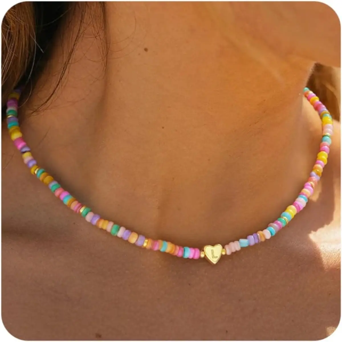FISSEN Initial Dopamine Necklaces,14k Gold Plated A-Z Personized Custom Heart Letter Pendant Natural Colorful Boho Bead Necklace Dainty Gold Necklace Summer Jewelry for Birthday Gift
