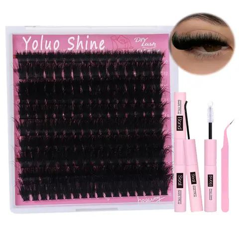 Lash Extension Kit Lash Clusters Kit Thick Eyelash Extension Kit 10-20mm Fluffy Volume Lash Clusters 200D Individual Eyelashes Kit with Lashes Bond, Lash Tweezers, DIY Lash Extension Diy Lash Tools Cosmetic Tools