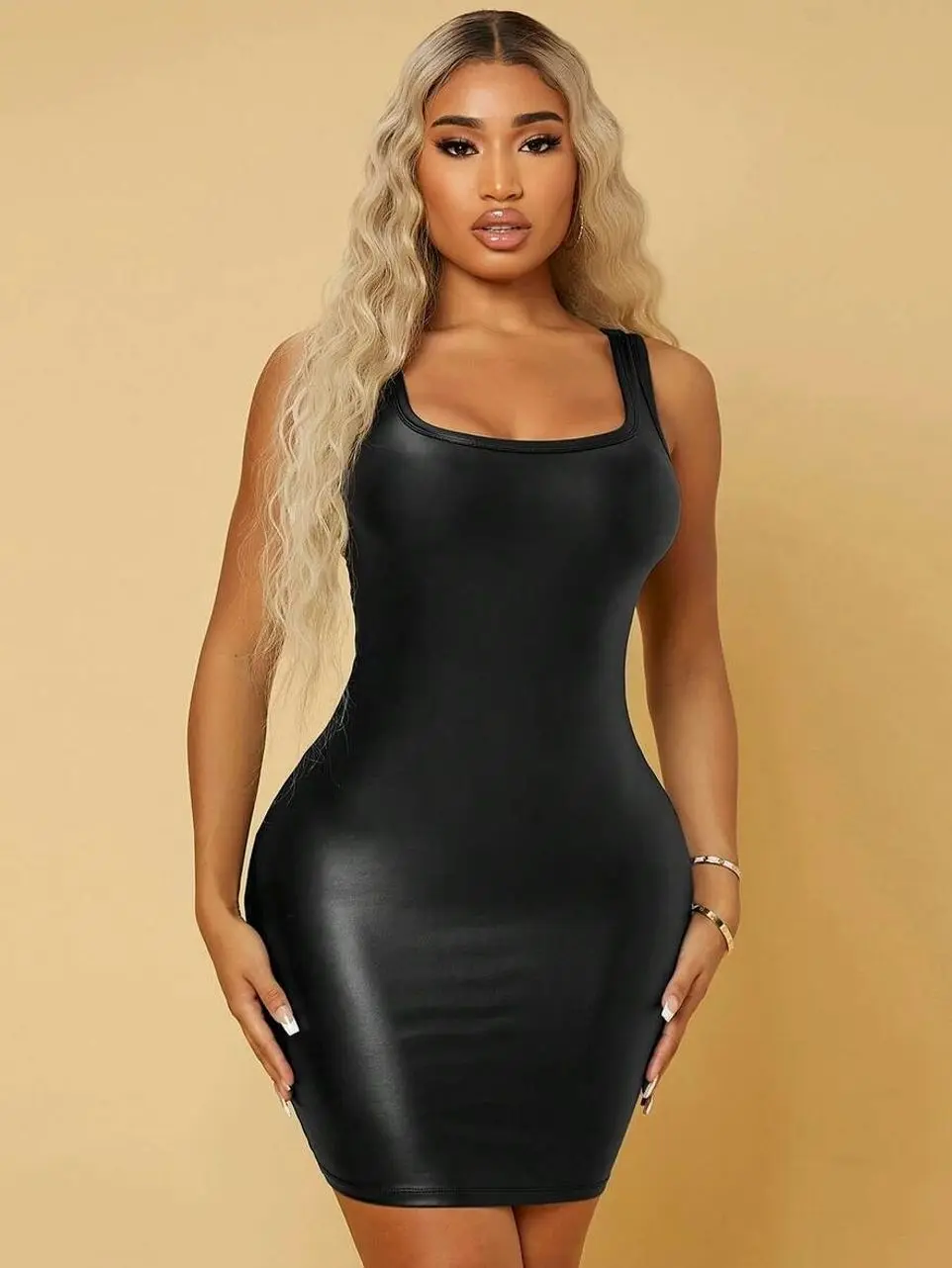 Scoop Neck PU Leather Bodycon Dress, Sexy Sleeveless Summer Mini Dress, Party Night Out Outfit