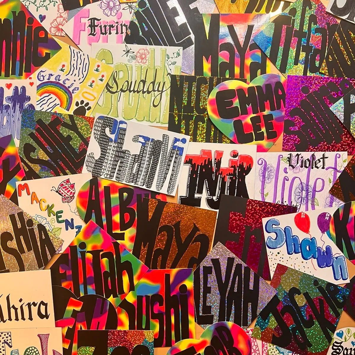 Name cards in calligraphy, scratch art, watercolor, brush pen or marker. Glitch and neon/glow styles also available!