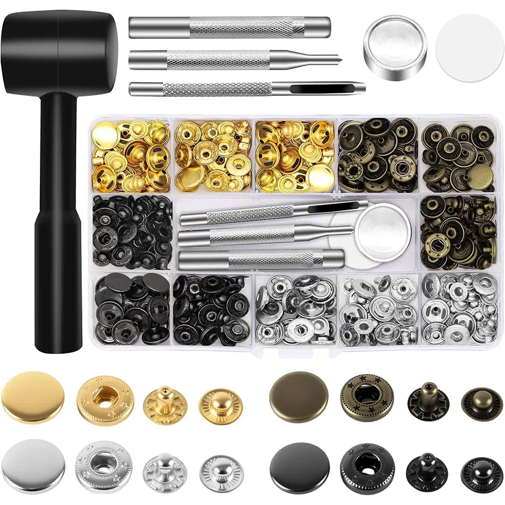 90 Sets Metal Snaps Fasteners Button with Hammer Punch Spacer, Leather Snap Button Kits with 4 Setter Tools, DIY Crafts, Suitable for Thin Clothes, Jackets, Jeans Wears, Bracelets, Bags (15mm) summerwins