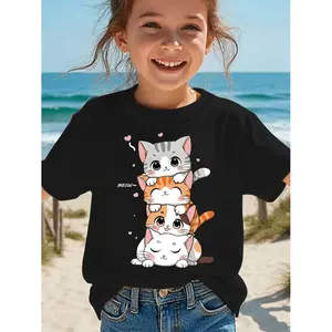 Stylish Summer Girl TShirt Featuring Adorable Cat Print