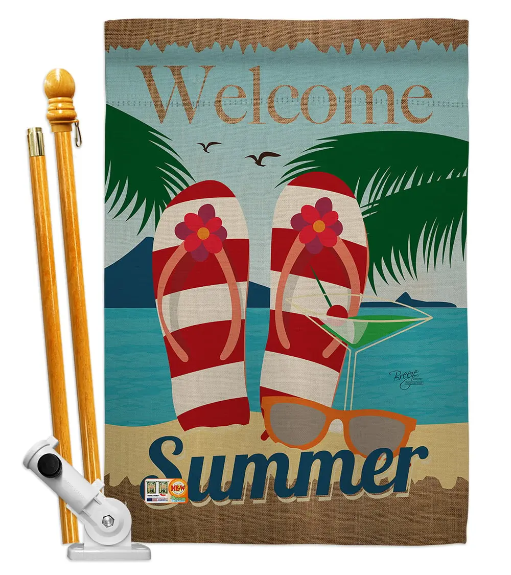 BD-SU-HS-106075-IP-BO-D-US14-BD 28x40 in. Vertical Double-Sided Print Welcome Summer Fun House Flag Set, Wall Mount 57 in. Wood Pole Bracket, Eco Friendly Hardware, Indoor/Outdoor Hanging Wall Decor