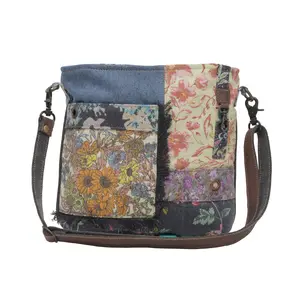 Myra Le Fleur Vintage Satchel Bag for Women with Colorblock Florals and Rustic Leather Sling
