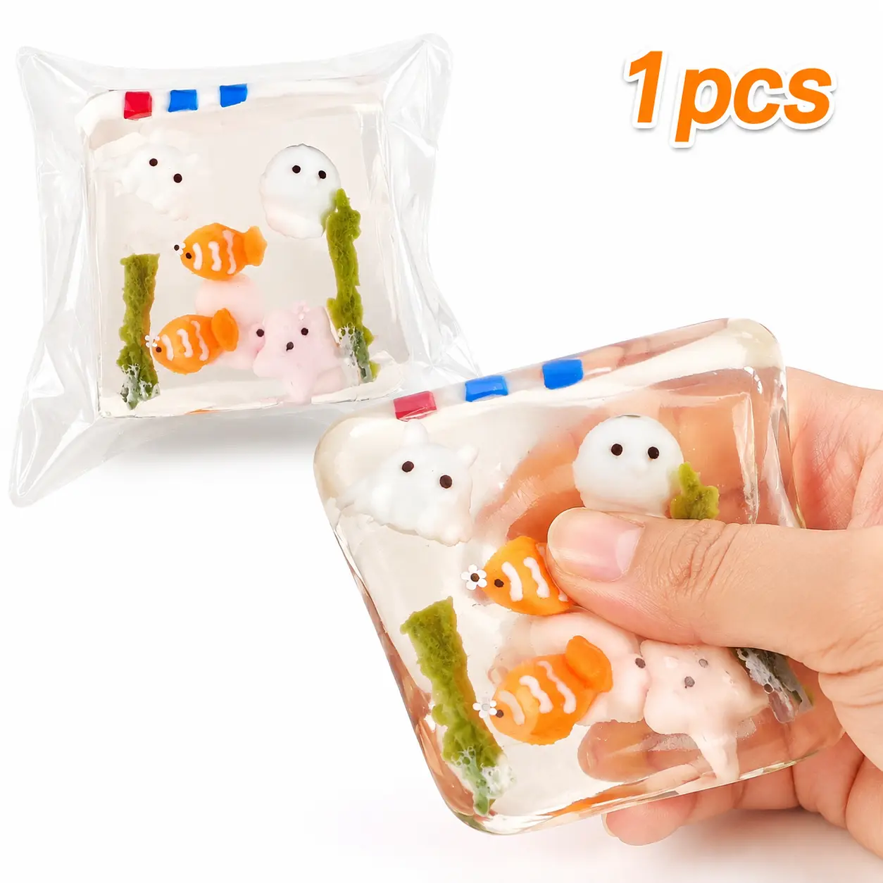 Aquarium Sea World Squishy Toy, Made of 100% Safe Non-Toxic Silicone, Soft Stress-Relief Fidget with Cute Clownfish & Ghost Marine Creature Design