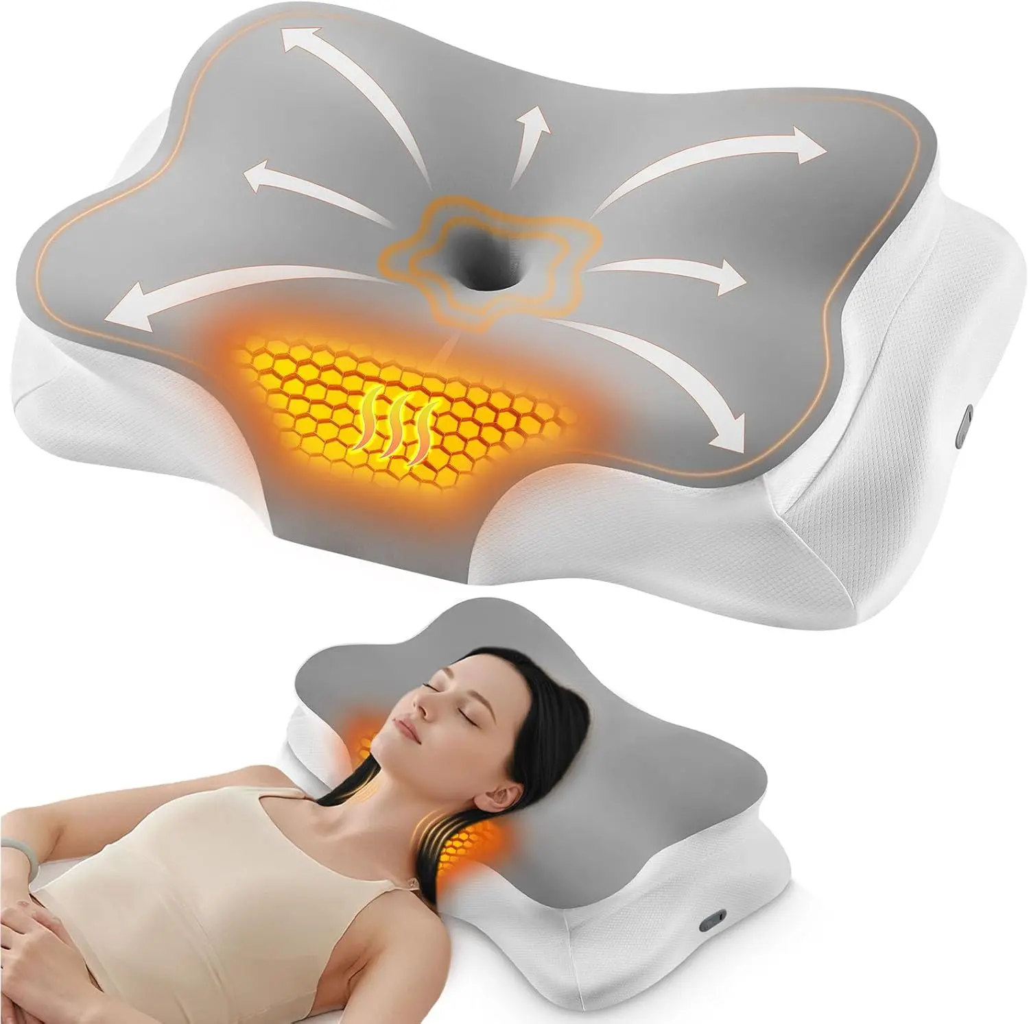 Heated Cervical Pillow for Neck Pain Relief Ergonomic Contour Orthopedic Memory Foam Pillow USB Heating Adjustable Temp Settings 3 Temperature Options Dual Height Design Cooling Pillowcase, Breathable, Certipur/Oeko-Tex Certified