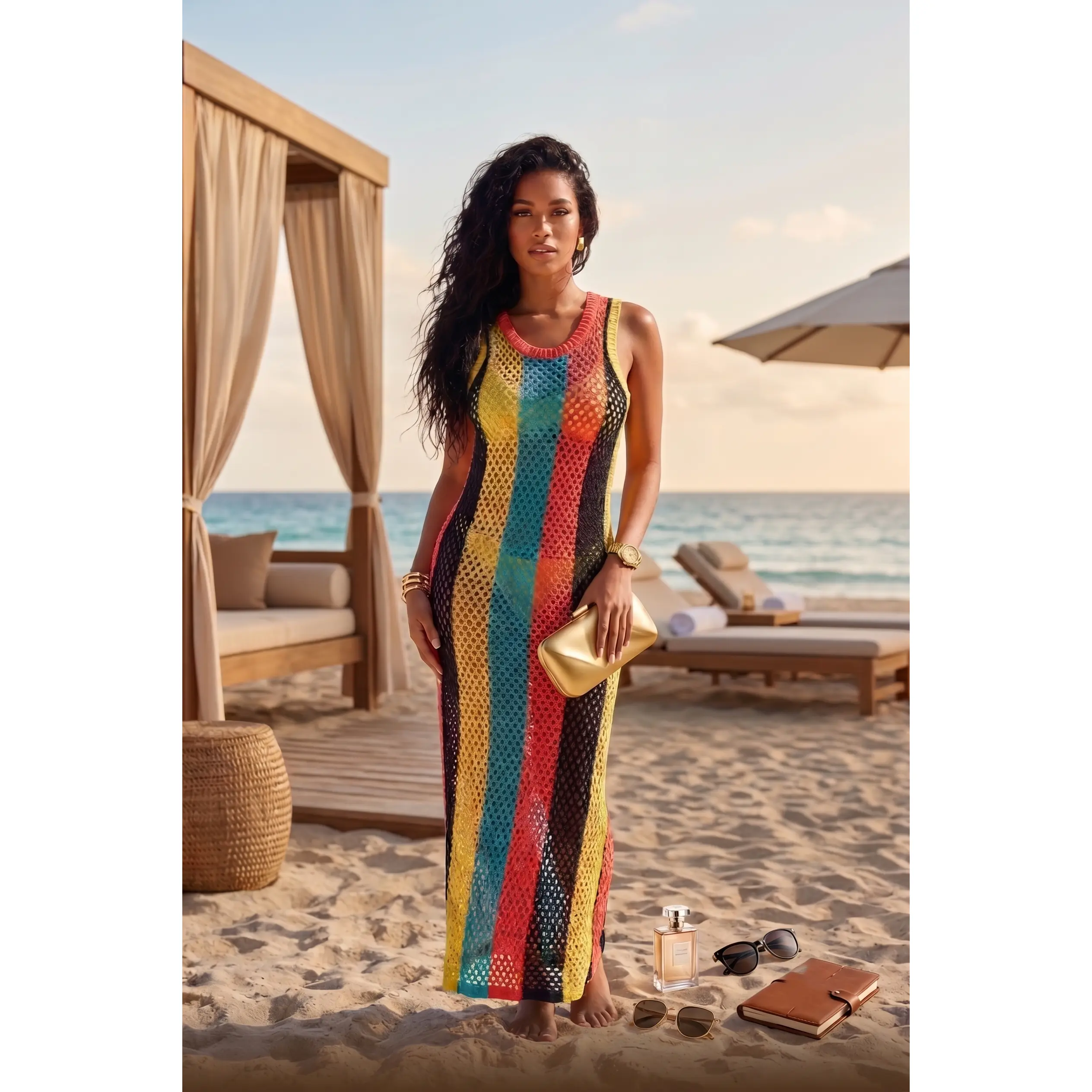 Women’s 'Rasta Vibration' Knitted Maxi Beach Cover-Up – Luxury Open-Knit Resort Dress