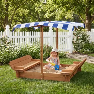 Kids Sandbox with Adjustable Cover, 46'' Wooden Sand Box with 2 Foldable Bench Seats, Outdoor Sandpit for Backyard Play outdoorfun