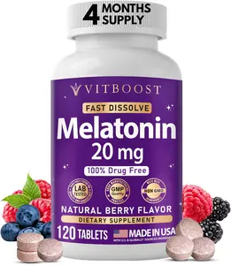 VITBOOST Melatonin 20mg Fast Dissolve Sleep Aid Tablets for Adults - Melatonin Extra Strength, Natural Berry Flavor, 3rd Party Tested, Drug-Free, Non-GMO, Made in USA - 120 Count (4-Month Supply)