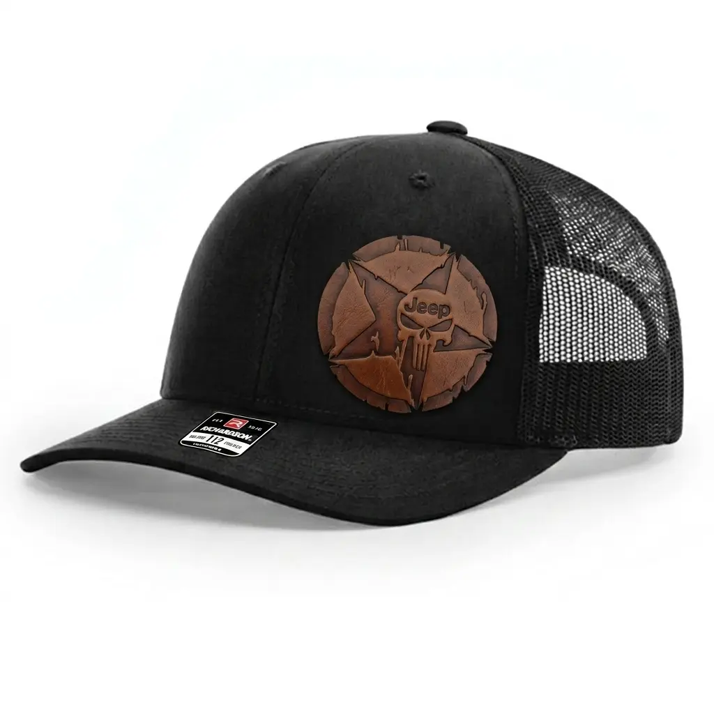 [Hat Patch] Premium Jeep Punisher Leather Patch Hat - Richardson 112 Classic Mesh Trucker Cap - Edgy Tactical Aesthetic Gear - Meaningful Birthday Gift for Him or Dad - High Quality Laser Engraved Rustic Headwear - Stylish Sun Protection Baseball Cap