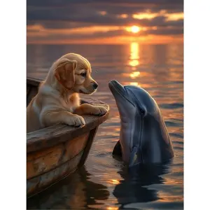 1pc Sunset Dog and Dolphin Encounter 5D DIY Frameless Full Drill Round Diamond Painting Kit, Diamond Art Tools, Desktop Ornament Wall Hanging Home Decor Art Craft Holiday Gift