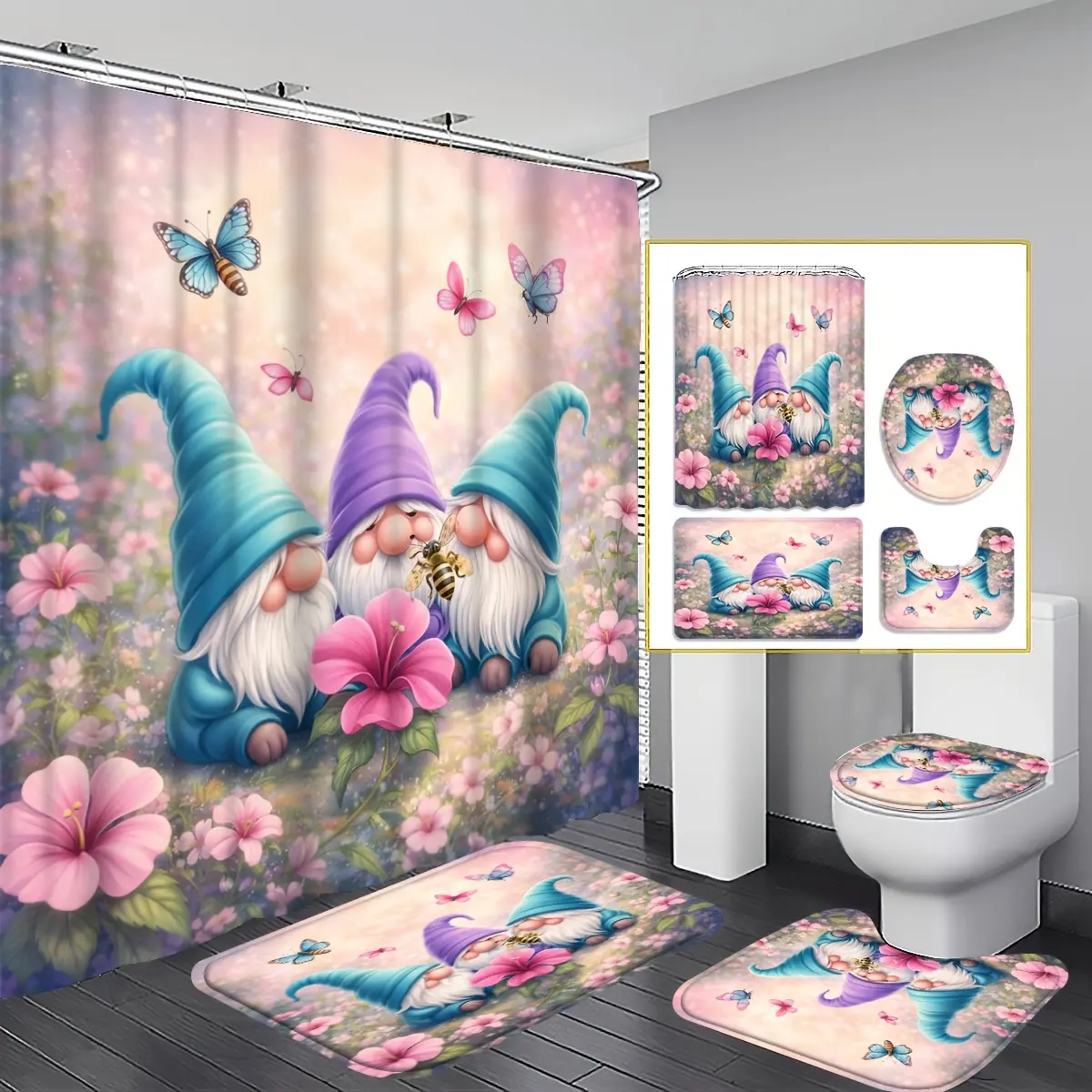 2D Flat 4pcs Gnome Garden Shower Curtain Set, Bathroom Decor, Accessories with Bath Mat, U - Shaped Mat, Toilet Lid Cover, 12 Hooks 70.87x70.87inch Curtain, Pastel Hued Gnome and Butterfly Design, Home Decor, Bathroom Accessories,family