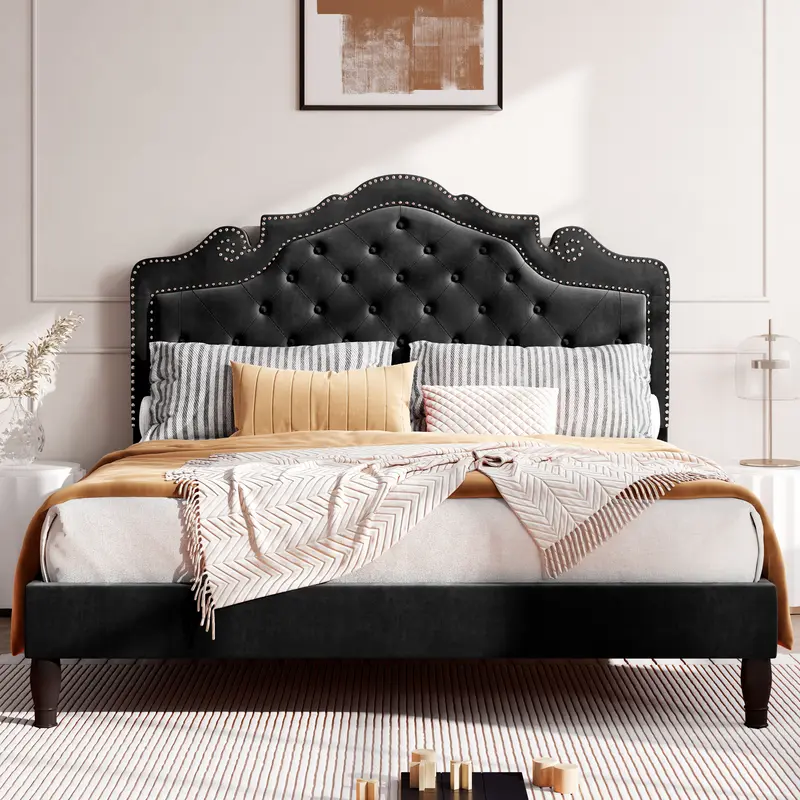 HOOMIC Full/Queen/King Adjustable Velvet Upholstered Bed Frame - 【Frame Only No Mattress】Diamond Button Tufted Tiara Headboard with Wood Slat Support,