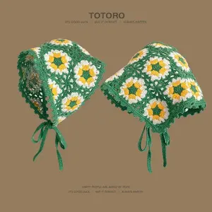 French Handmade Crochet Triangular Scarf Headband Women Spring Summer Travel Versatile Sweet Cute Headscarf Knitted Headgear