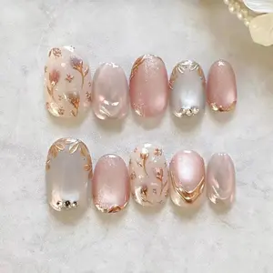 Elegant 3D Gold Flower Press On Nails, Champagne Pink Glitter Nails with Gold Floral
