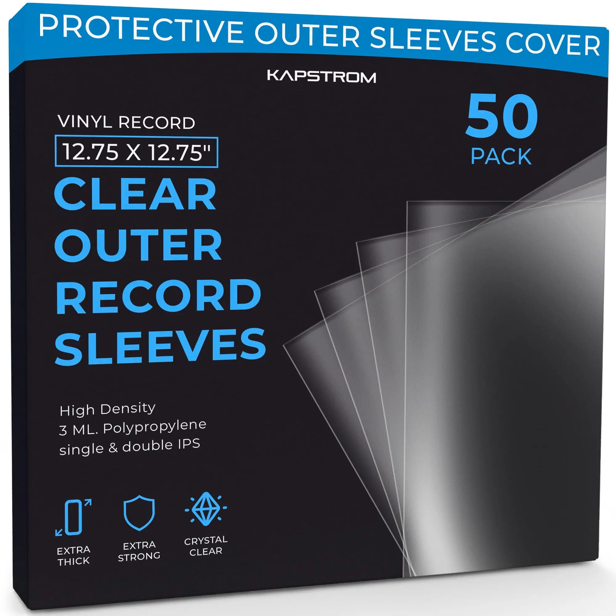 Kapstrom Record Sleeves for Album Covers (50 Pack, 12.75" x 12.75", 3 mil Thick), Clear Plastic Outer Sleeves to Protect 12" LP Vinyl Record Albums, Archival Quality for Media Collection Protection
