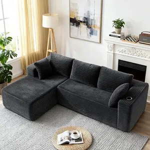 Oneinmil 106" Cloud Couch Corduroy Modular Sectional Sofa L-Shape Boneless Design with Wide Armrests & Cup Holders for Living Room Bedroom Grey No Assembly Required