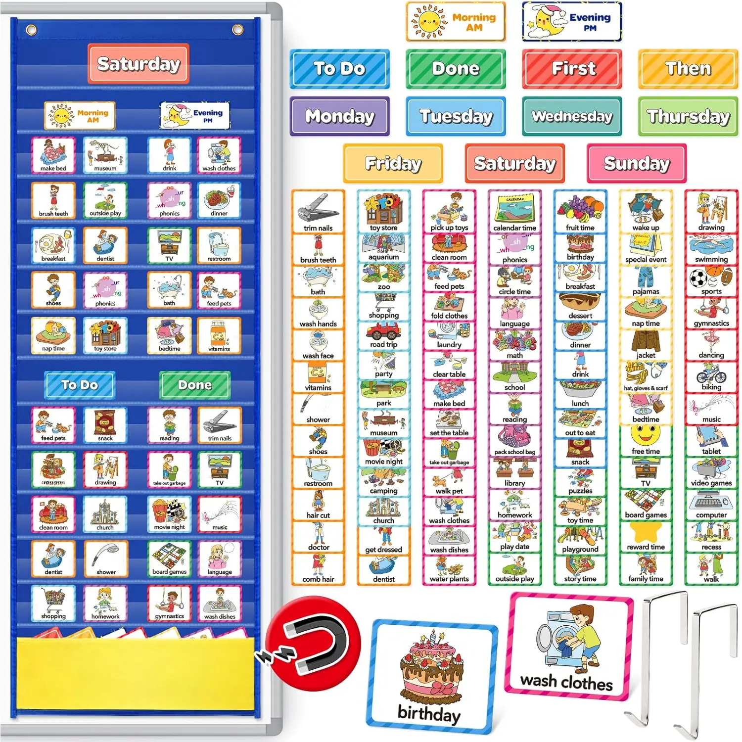 Visual Schedule for  Chore Chart Pocket Charts,  Morning Bedtime Routine Chart Responsibility Daily Schedule Board,  Learning Materials PECS ASD  Tools for Home, 105 Cards
