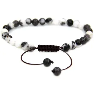 Natural Zebra Jasper Gemstone 6mm Round Beads Adjustable Bracelet 7" Unisex
