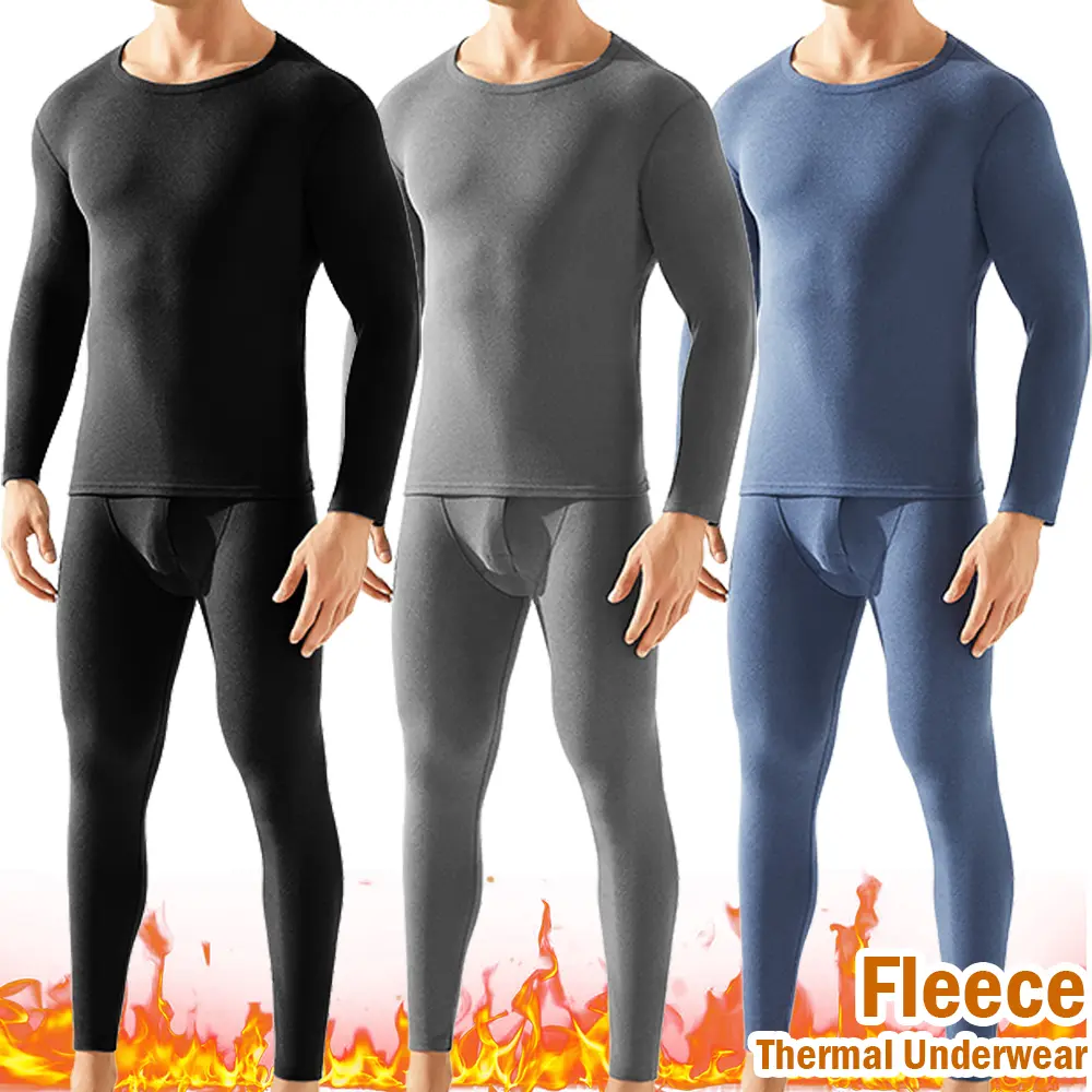 Men's 2-Piece Thermal Underwear Set - Fleece-Lined Long Johns, 4-Way Stretch Soft Fabric Menswear, Sweat-Wicking, No-Irritation Warm Breathable Base Layer for Work, Pajamas, Crew Neck, Foldable, Basics, Premium Fleece, Multi-Size, Full Length, Four-Way St