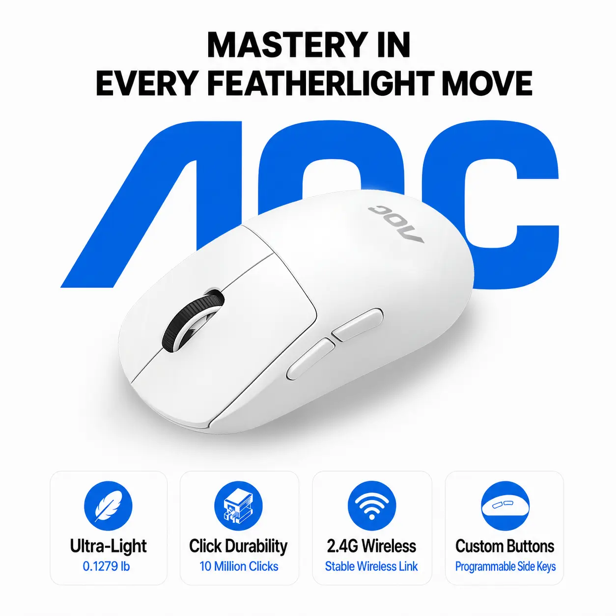 AOC M225 Wireless Mouse 2.4 GHz - Swift Grey | Ambidextrous mouse with 2.4 GHz USB-A Nano Receiver, Optical Tracking, 12-Months Battery Life, PC, Mac, Laptop compatible
