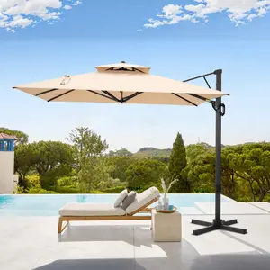 [No Weighted Base] PHI VILLA 9*12ft Cantilever Patio Umbrella, One Button Open, 360-Degree Rotation, Outdoor Umbrellas With Cross Base, Summer Vibes
