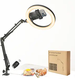 10" LED Ring Light with Overhead Phone Stand, CRI95 1200lm Dimmable Lighting, Adjustable Metal Arm with Remote & Phone Holder, for Streaming, Makeup, Zoom Calls, Photography