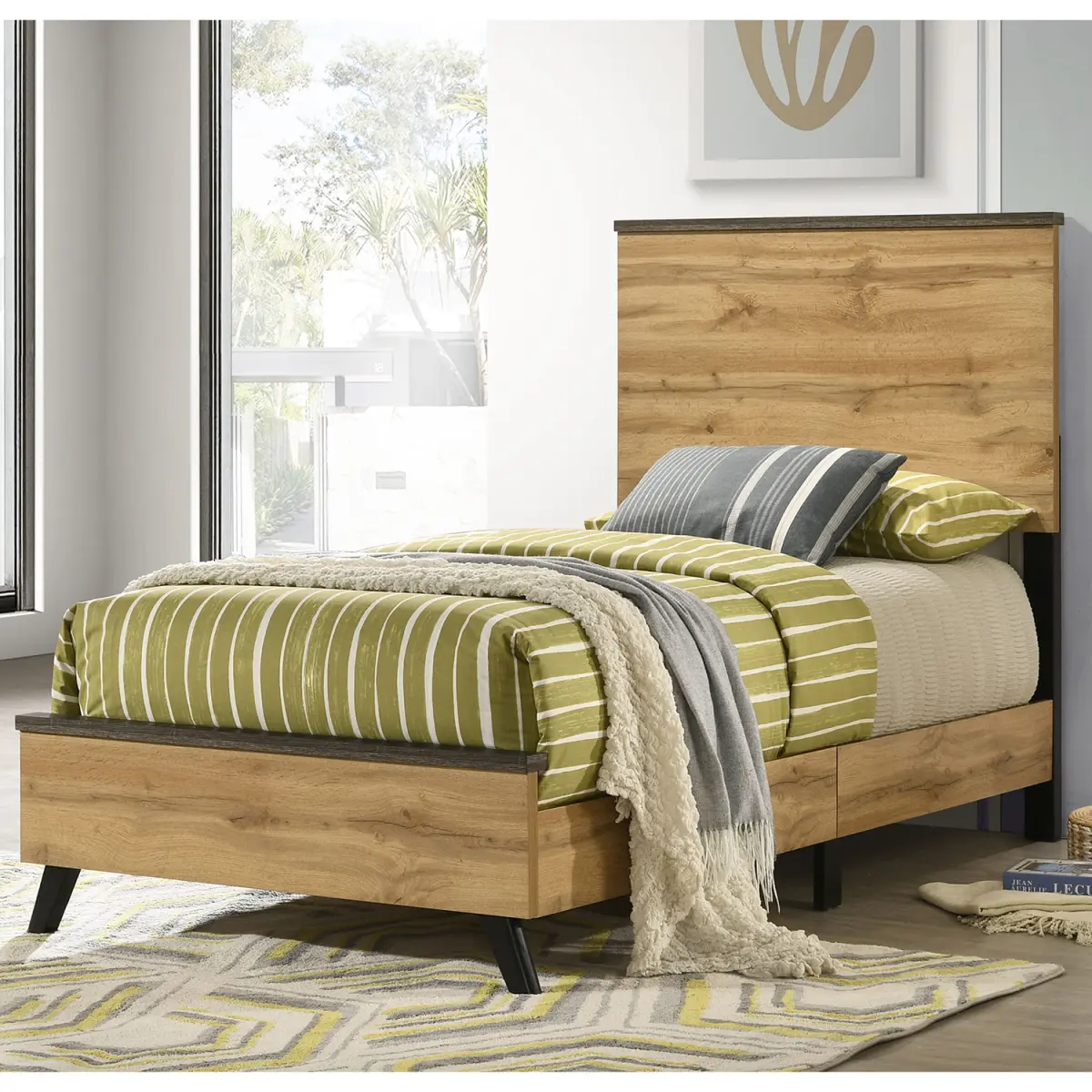 Georgina Weathered Brown Natural Pine Twin Panel Bed - Contemporary-Rustic Wood Indoor Furniture, Easy Upkeep for Single Sleepers