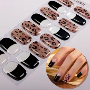 16pcs French Half-Cured Gel Nail Strips, Leopard Print Self-Adhesive Full Set, UV Lamp Required, Easy to Apply and Remove, DIY Nail Art, Gel Nail Stickers