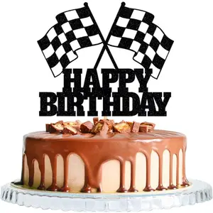 Race Car Cake Topper - Checkered Flag, Glitter, Happy Birthday Theme Cake Decor
