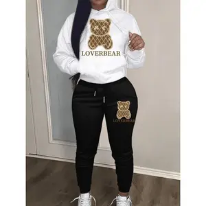 Bear Print Two-piece Set, Drawstring Long Sleeve Hoodies & Workout Jogger Pants Outfits, Women's Clothing Can be used with a raincoat