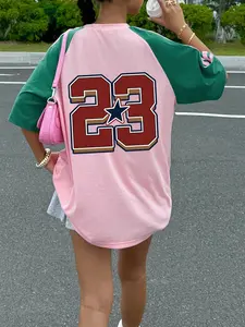 California 23 Athletic Raglan Sleeve T-Shirt for Women, Y2K Aesthetic Pink Green Color Block Striped Tee, Oversized Casual Sporty Vintage Graphic Tops,Retro College Print T Shirts,Daily Wear, School, Shopping, Date Night, West Coast Style for Teen Girls,