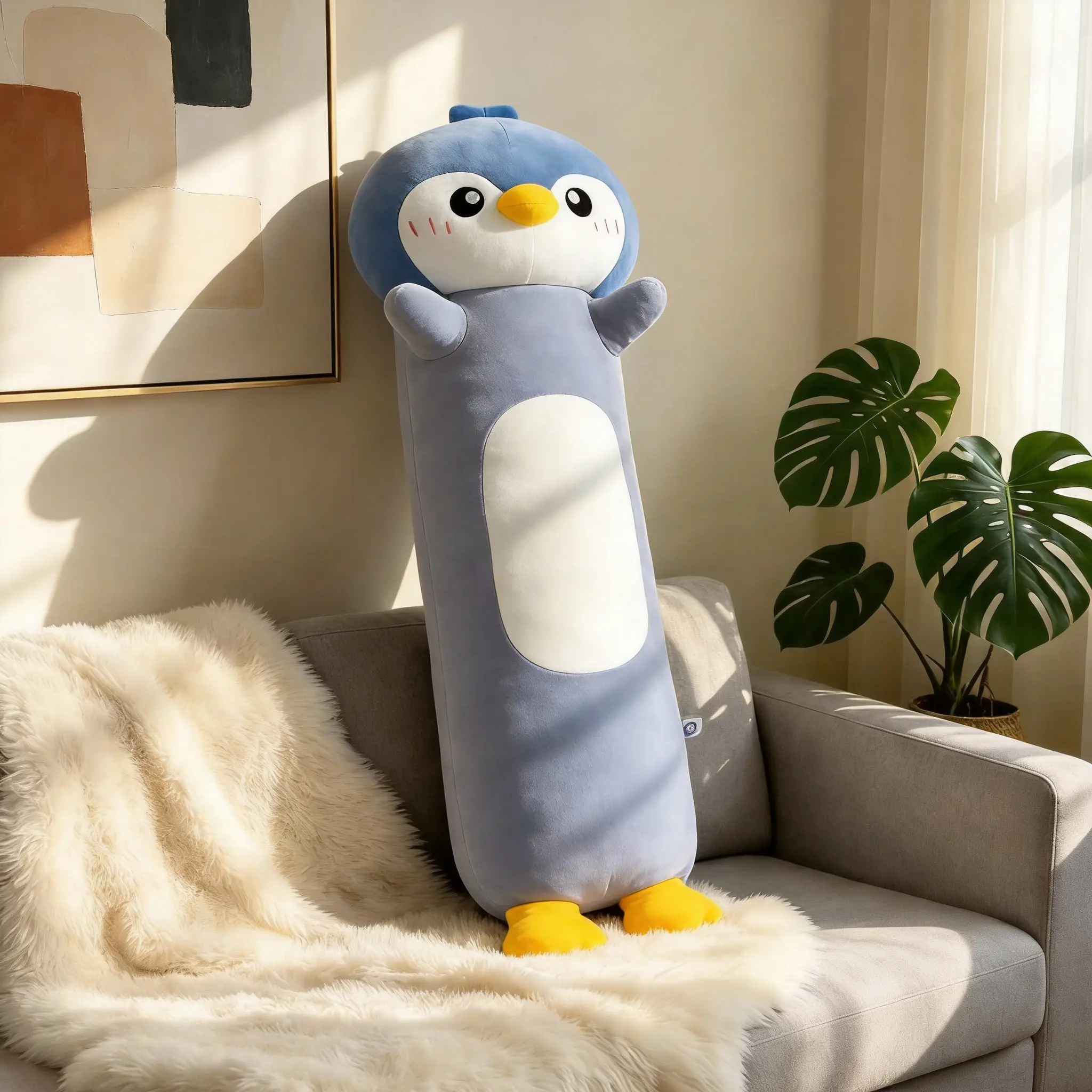 Soft long penguin hugging pillow for sleeping; soothing cylindrical leg support cushion; companion hug pillow for bed headboards and sofas
