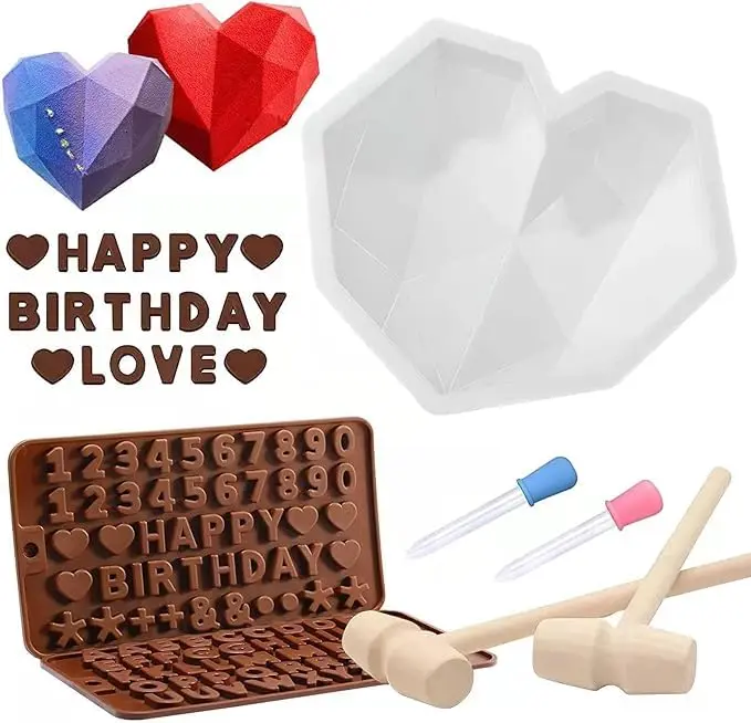 Heart & Letter Number Chocolate Mold Set – Breakable Heart Silicone Mold with Hammer & Dropper – Make Custom Smash Hearts for Valentine, Anniversaries, Candy Favors