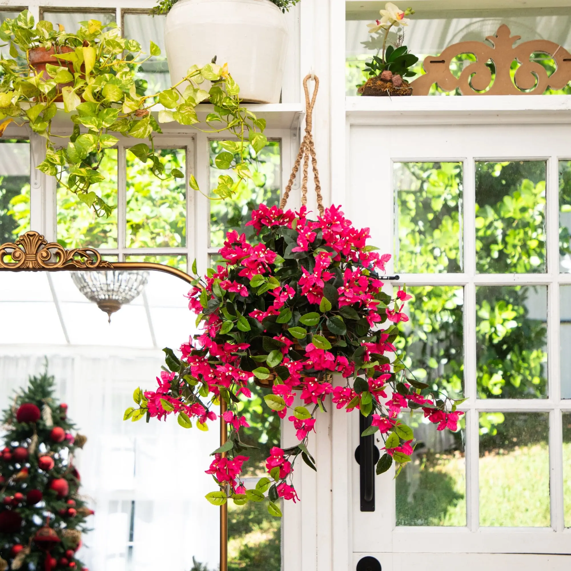 28in UV-Resistant Artificial Bougainvillea Hanging Basket Flower, Fake Hanging Plants with Faux Plants Shrubs, Decorative Floral Arrangement for Indoor-Outdoor Home Decor, Ideal Gift