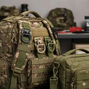 Multifunctional Tactical D-Ring Lock - 360° Rotating Buckle for Backpack Organization, Hydration Tube Clip, Elastic Cord Fastener, Durable Metal Clip, Quick-Release Lock, Essential for Hiking & Camping Gear. Upgrade Your Tactical Backpack!