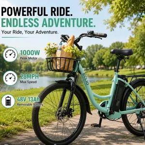 Eclio C01 Pro 24 Inch Step Through Ebike, Peak 1000W Motor 28MPH, 48V 13Ah Removable Battery 65Miles, 7-Speed City Cruiser Electric Bike with Front Basket for Adults & Mother's Day Gift Summervibes us bike shopping electric commuter bike