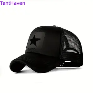 Men's Black Mesh Baseball Cap with Star Logo - Breathable Six-Panel Design, Adjustable Fit, Casual Sporty Style for Outdoor Activities, Baseball Cap, Summer Headwear, Stylish Headgear, Durable Headwear, Mesh Fabric Cap, Streetwear Lovers