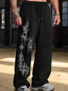 Dark Thorn Cross Wide Leg Pants, Loose Fit Drop Crotch, Unisex, Cyberpunk Streetwear, Soft Cotton Blend, Drawstring Waist, All Seasons
