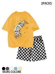 Women's Y2K 2-Pack Set, Tiger & Flower Graphic Tee & Checkerboard Shorts, Soft Cotton Blend, Loose Fit, High Waist, Casual Summer Streetwear