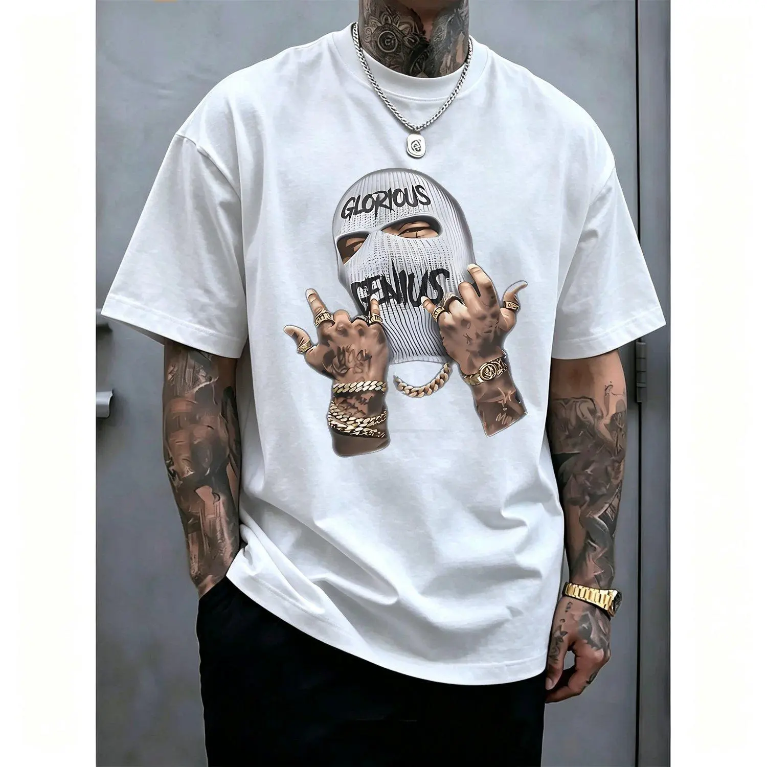 Bold Graphic Print Short-Sleeve Sports T-Shirt with Balaclava and Guns "Glorious Genius" Text Casual Round Neck Summer Top for Statement-Making Style Machine Washable Comfort Fit Athletic Streetwear