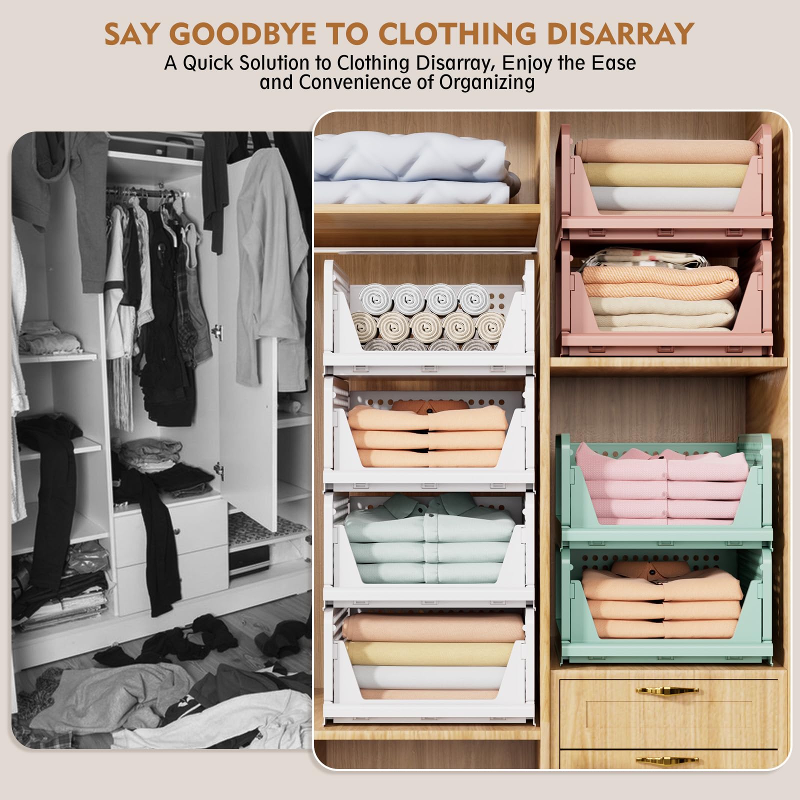 5 Pack Stackable Closet Storage Basket, Multifunctional & Foldable Closet Organizer for Bathroom Kitchen Laundry Room Wardrobe Storage, Space-Saving Clothes Storage Drawer Organizer