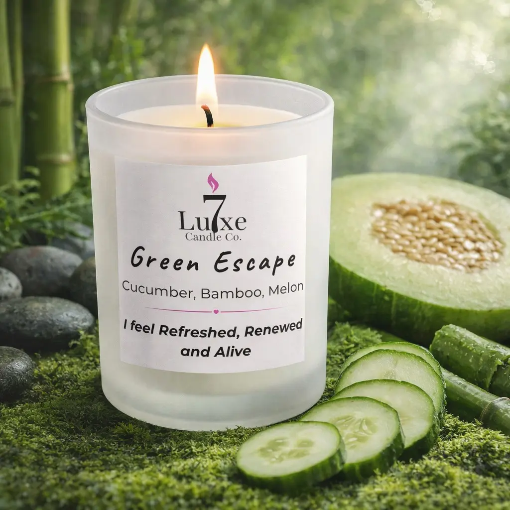 Green Escape | Soy Coconut Candle 8oz | Cucumber, Bamboo, Melon | Clean Burn Luxury Candle | Frosted White Jar | Cotton Wick | Affirmation Candle