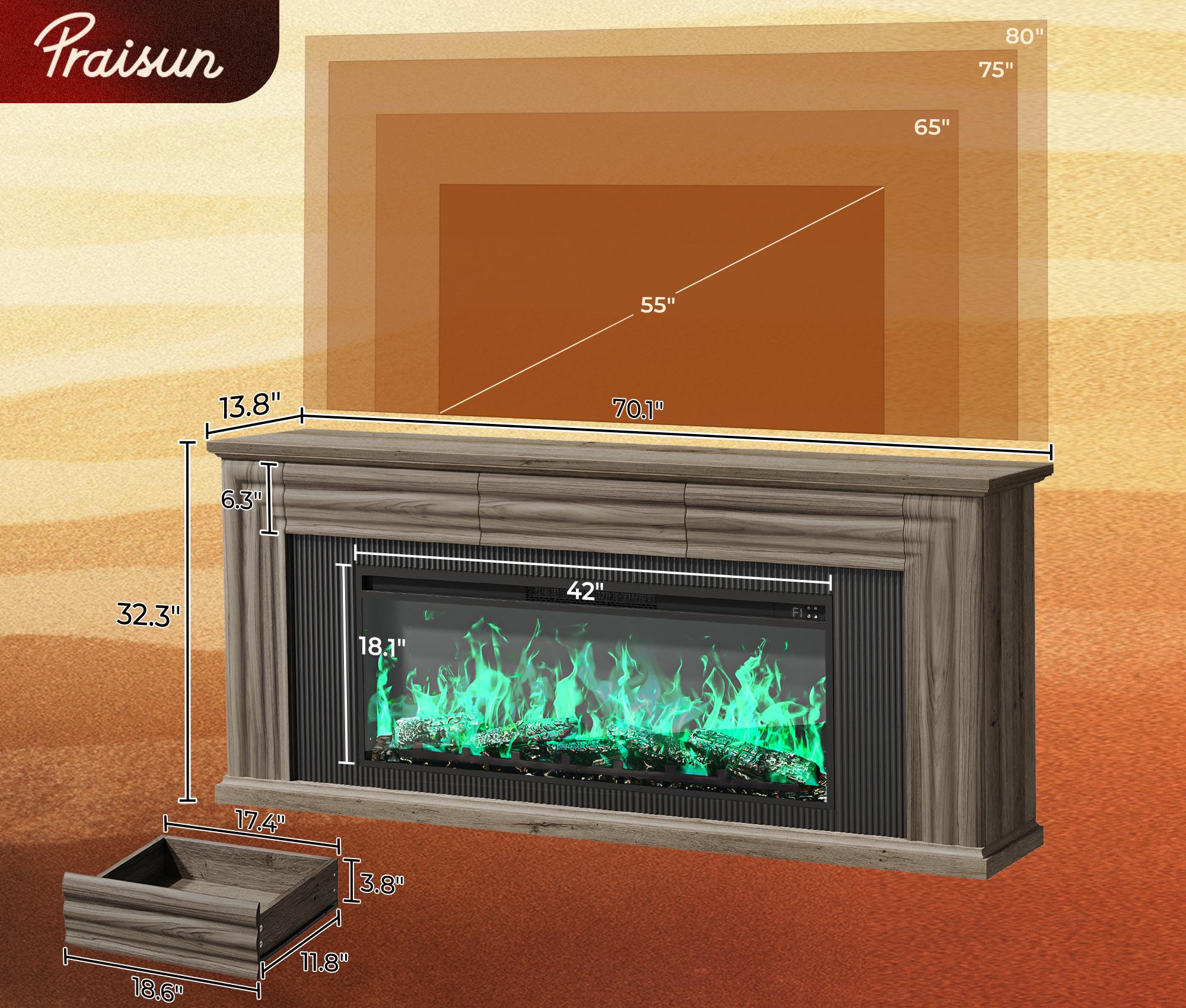 【2 Packages Shipping】PRAISUN 70'' Fireplace TV Stand with 42'' Electric Fireplace, Farmhouse TV Stand for 65 75 Inch TV, Entertainment Center TV Console with 3 Drawers, Fluted Design, for Living Room