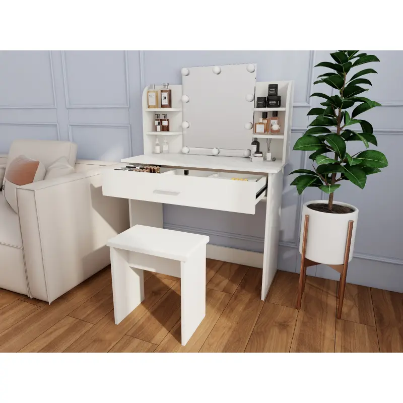 Modern Large White Adjustable Bedroom Vanity Table with Drawer, Mirror, Light, Polyamide Details, Durable Build, Stable Base, and Matching Stool - Indoor Furniture, 35.40 X 15.70 X 49.20 Inches